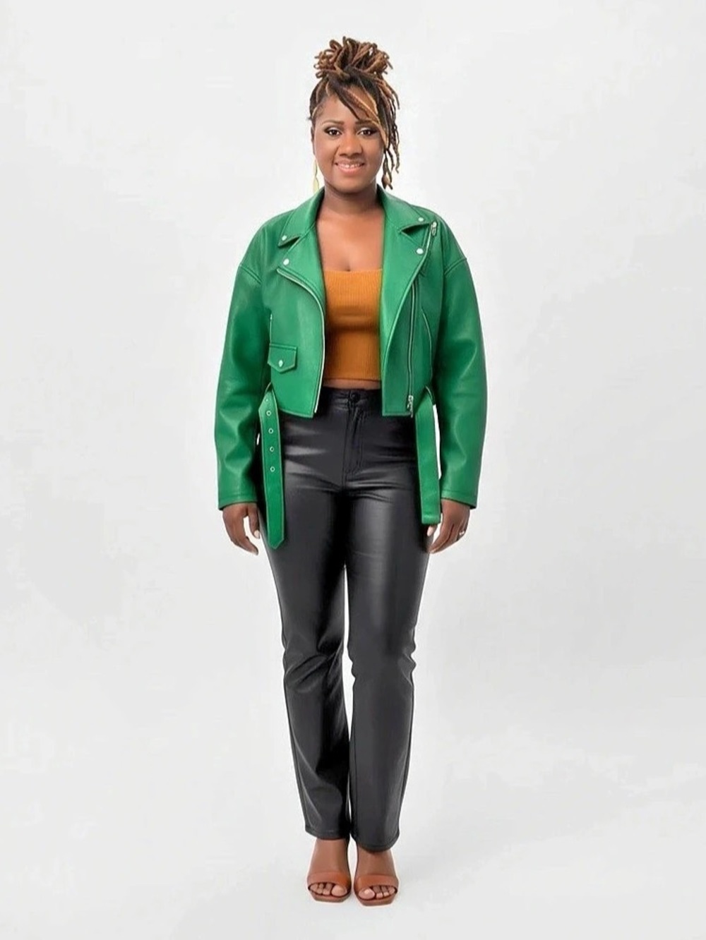 SHEIN Coolane Drop Shoulder Belted PU Jacket Green & Black
